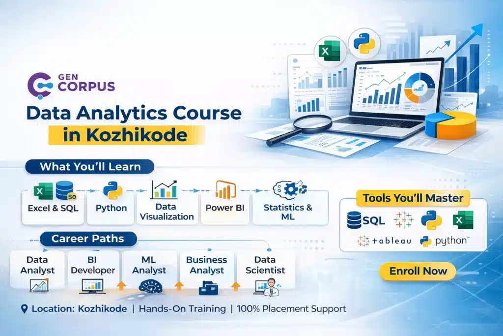 Data Analytics Course in Kozhikode showing skills, tools, and career paths with placement support.