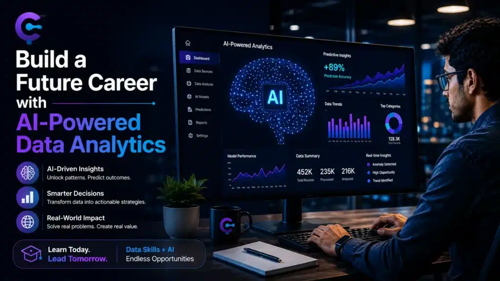 Professional using an AI-powered data analytics dashboard on a computer, illustrating a future career in artificial intelligence and data analytics.